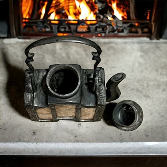 Antique Chinese Shantou Teapot & Tea Caddy-Lithograph Glass Panels-Metal-Asian - Picture 9 of 14